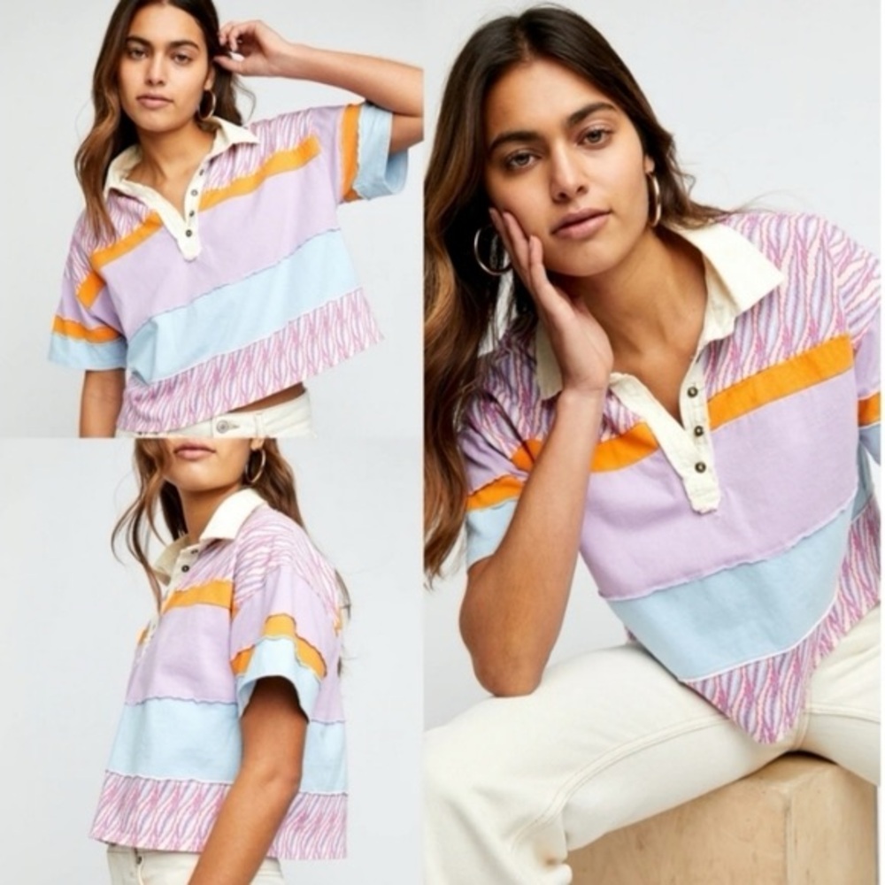 Free People Bella Stripe Retro Combo Cropped Polo Pastel Size Small - Picture 3 of 6